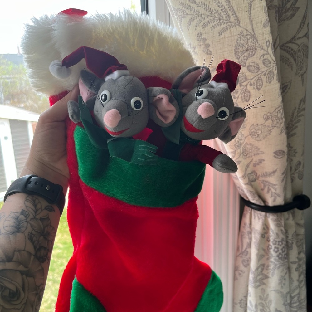 VTG. Festive Red and Green Christmas Stocking with Mouse Plush Toys
